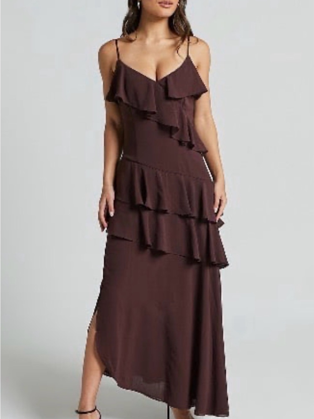 Showpo Dark Brown Ruffle Maxi Dress